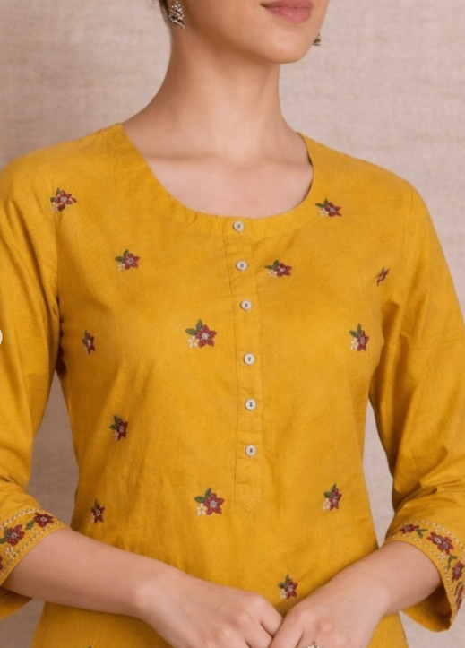 Mustard Embroidered Cotton Suit Set