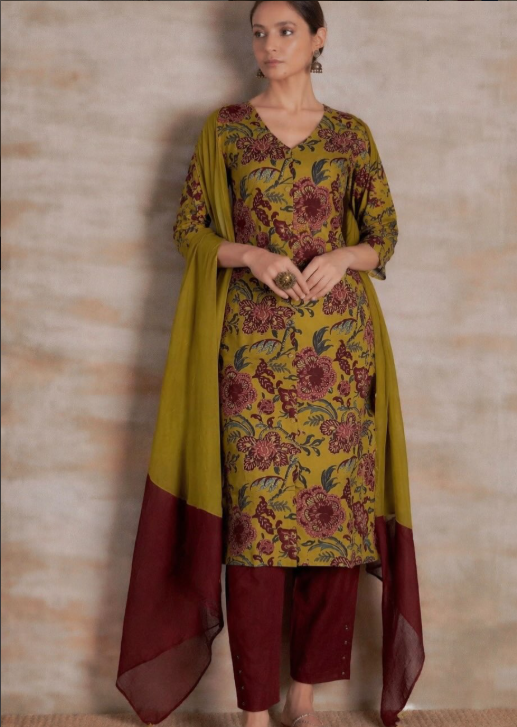 Mustard Floral Cotton Suit Set