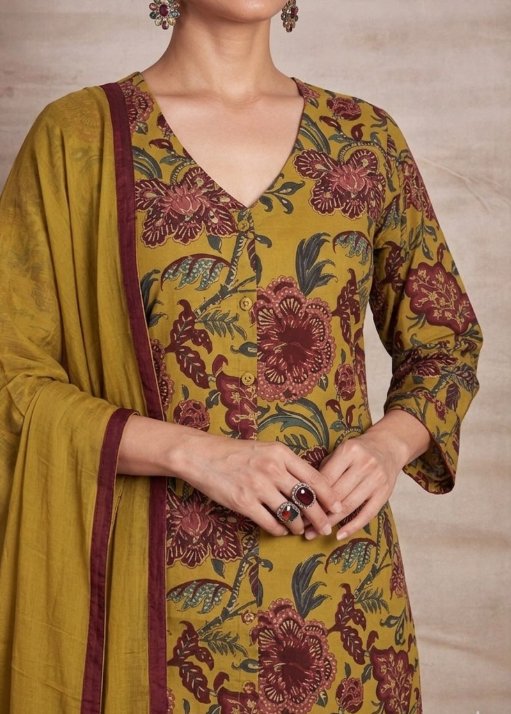Mustard Floral Cotton Suit Set