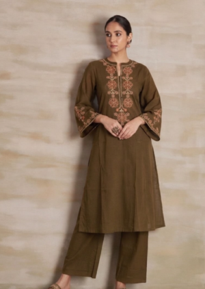 Olive Green Cotton Handloom Suit Set