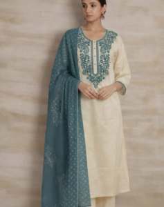 Ivory & Teal Embroidered Kurta Set