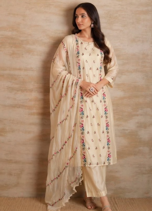 Cream Floral Silk Set
