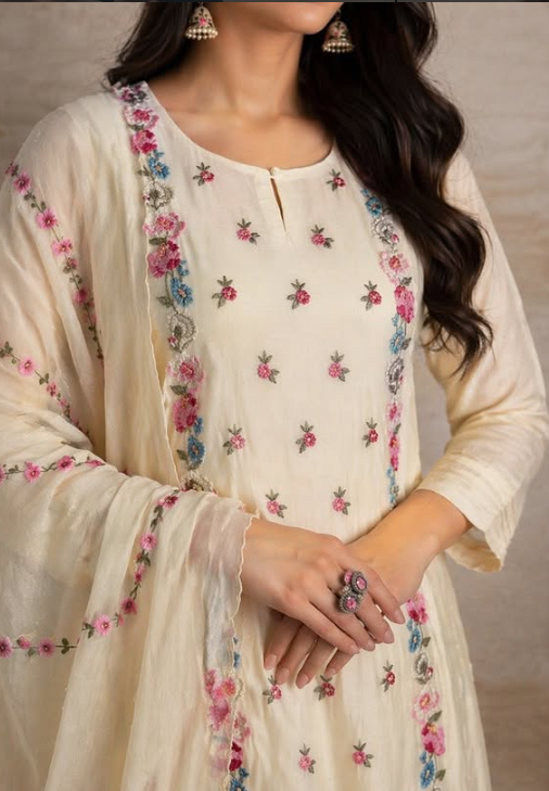 Cream Floral Silk Set