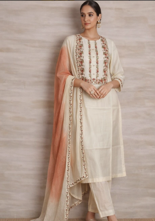 Ivory Peach Embroidered Cotton Suit Set