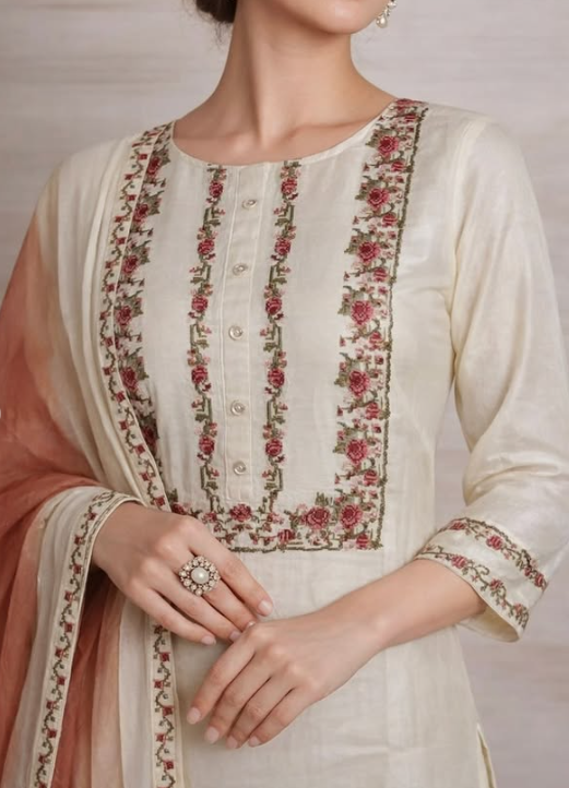 Ivory Peach Embroidered Cotton Suit Set