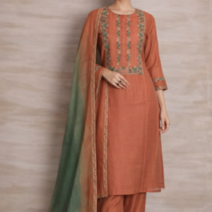 Rust Green Embroidered Cotton Suit Set