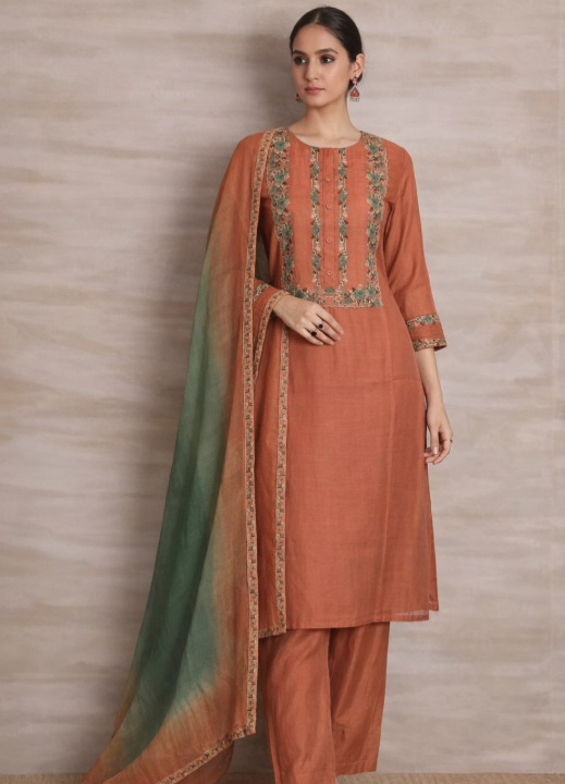 Rust Green Embroidered Cotton Suit Set