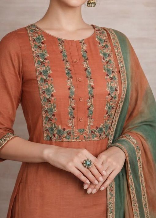 Rust Green Embroidered Cotton Suit Set